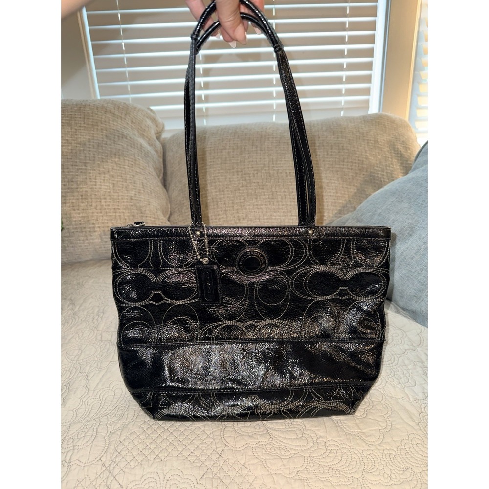 VTG Coach Black Patent Leather Tote Signature Stripe Stitched F19198 DSN